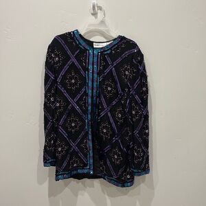 VTG Night Vogue Jacket Women XL Silk Sequin Embroidered Black Teal Purple READ